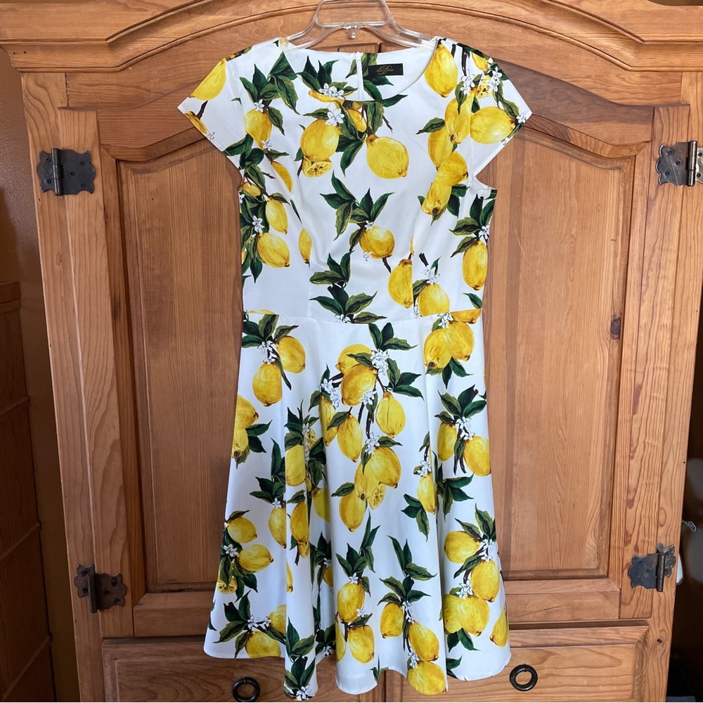 Dressystar Women's Retro Style White Yellow Lemon Print Cap Sleeve Dress Large